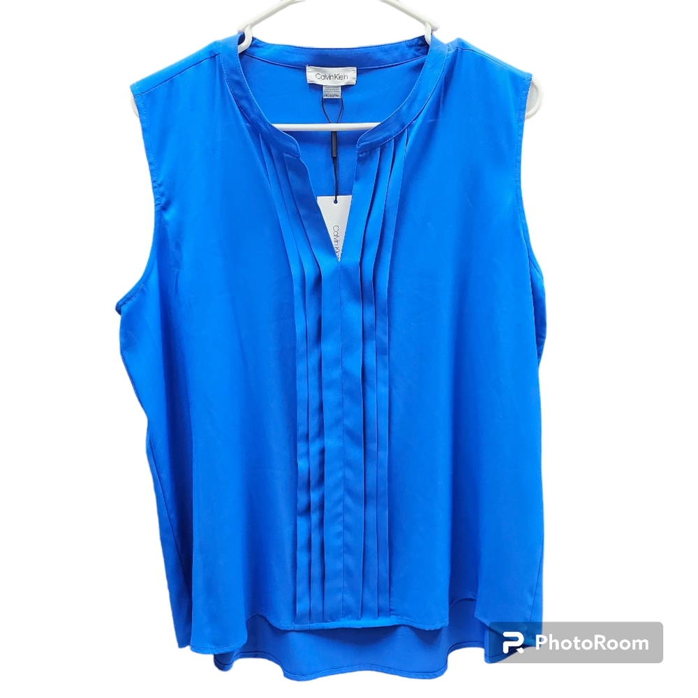 Calvin Klein NWT women's blue pleated V neck sleeveless blouse sz XL